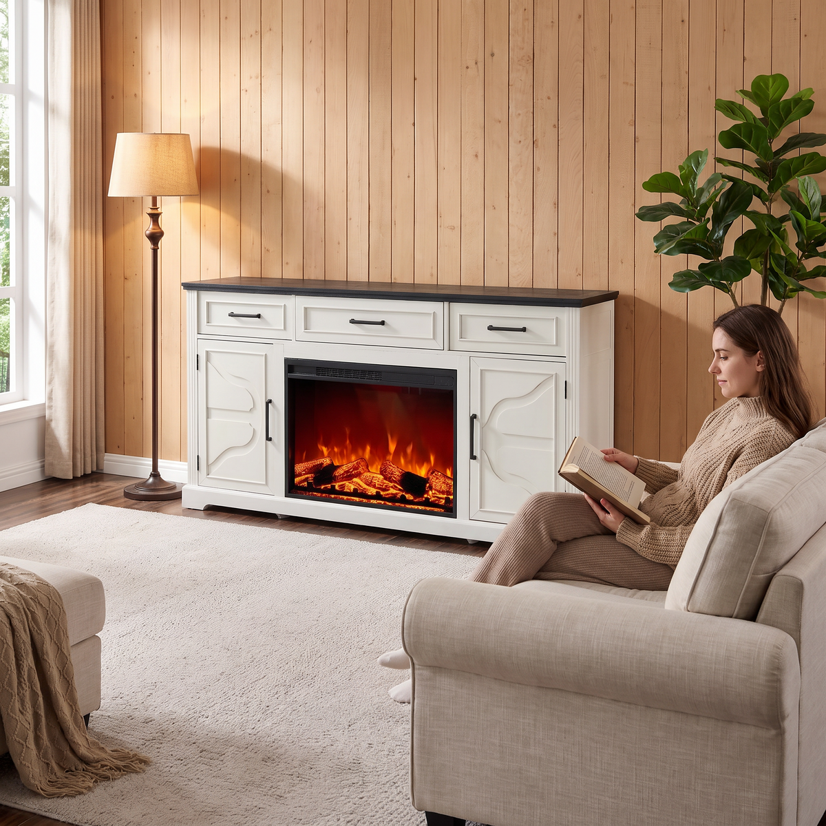 Fireplace TV Stand for TVs Up to 75 Inch, Electric Media Entertainment Center with Storage Cabinet & Console — product view 6