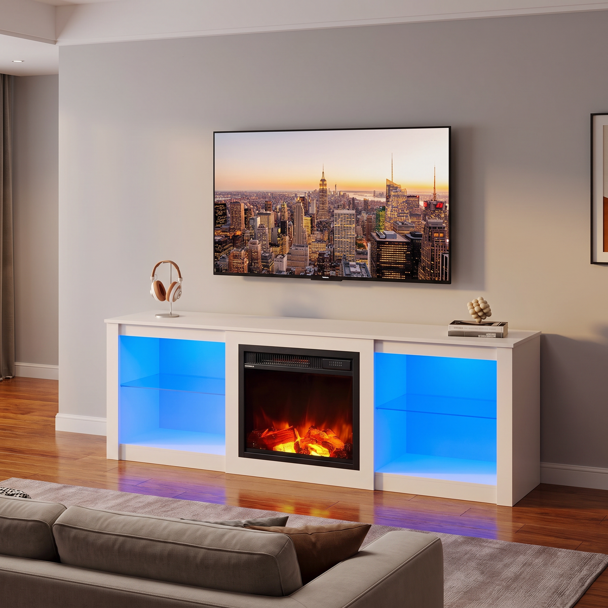 65 Inch Fireplace TV Stand with LED Lights, Modern Electric Fireplace TV Console with Storage — product view 5