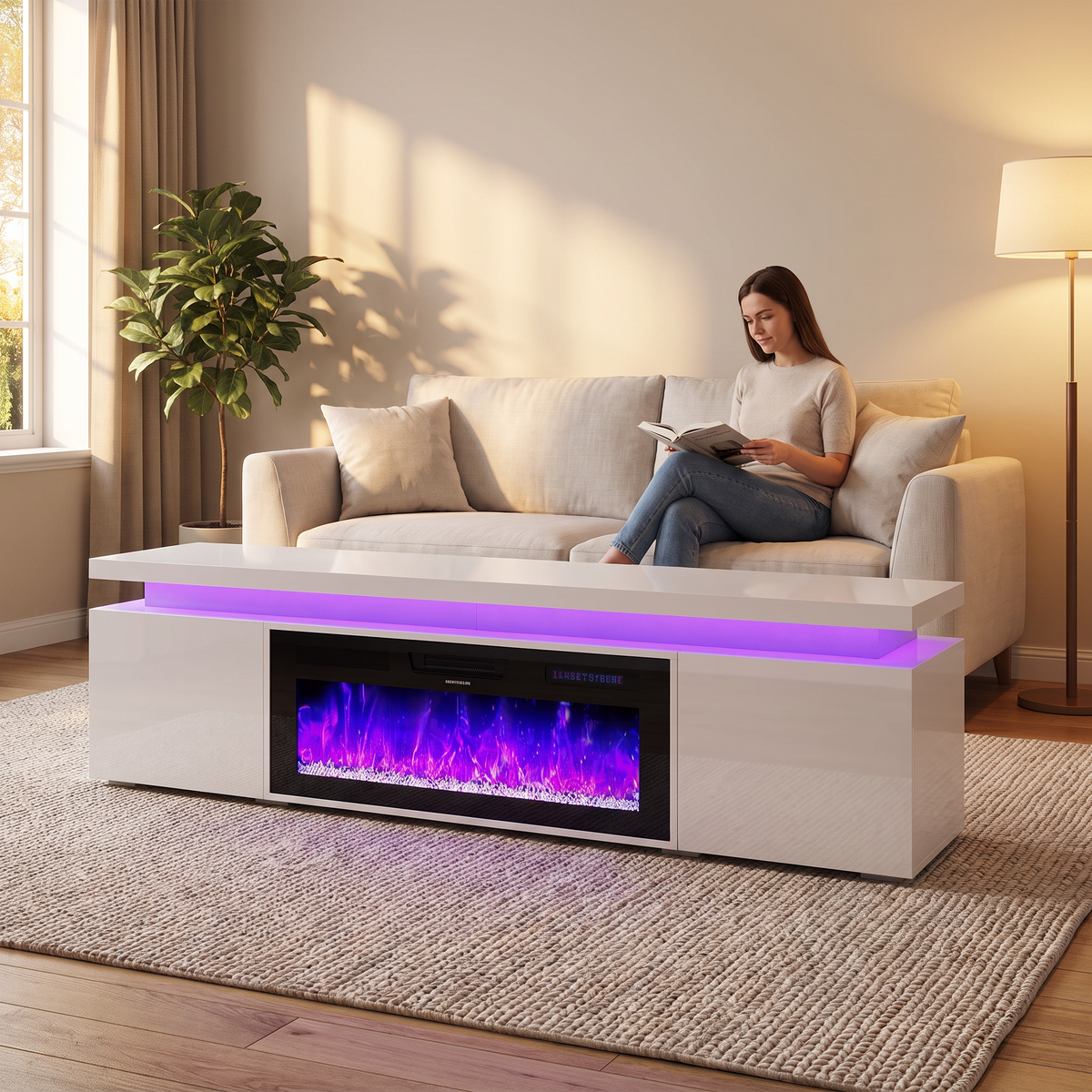 71 Inch Fireplace TV Stand with 40 Inch Electric Fireplace & Power Outlet for 80 Inch TV, High-Gloss Media Console with Storage — product view 5