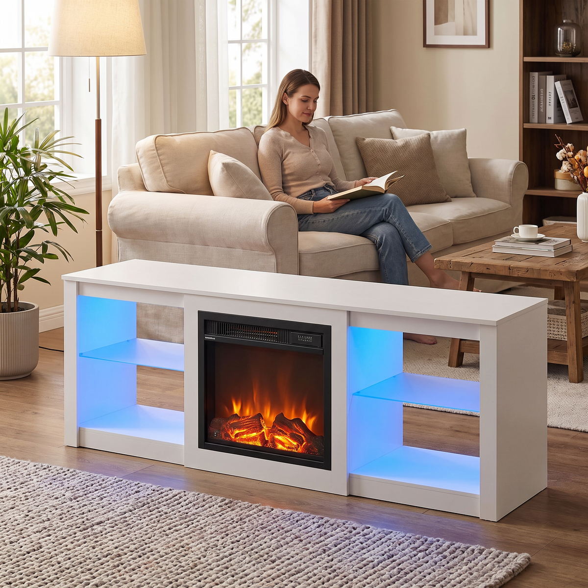 65 Inch Fireplace TV Stand with LED Lights, Modern Electric Fireplace TV Console with Storage — product view 4