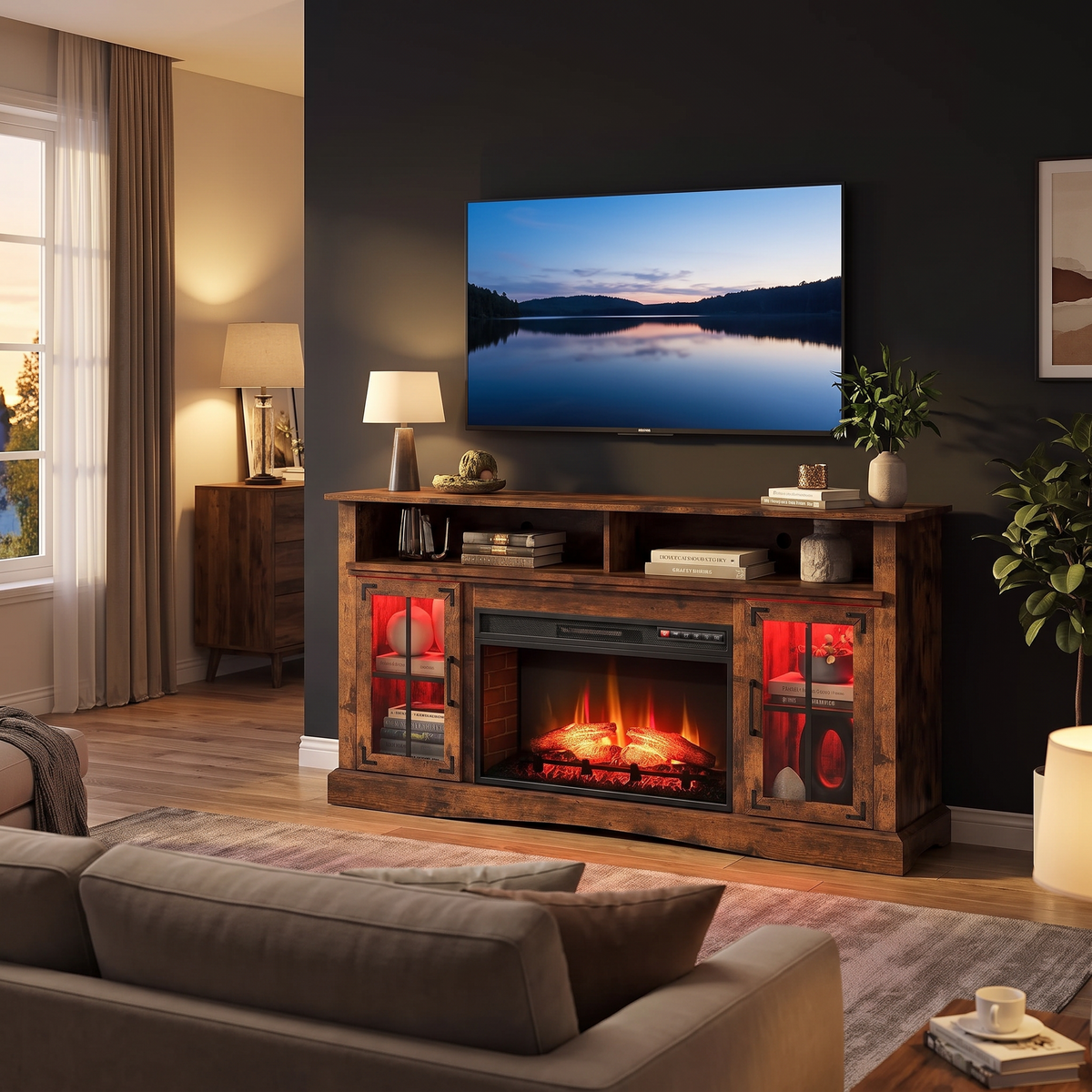 Fireplace TV Stand for TVs Up to 65", Adjustable Shelves LED Light Entertainment Center with Electric Fireplace — product view 6