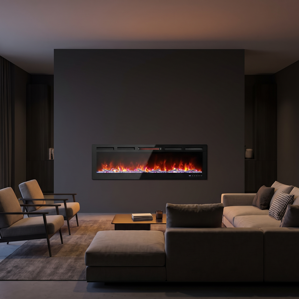 60 Inch Smart WiFi Electric Fireplace, Recessed & Wall-Mounted Linear Fireplace with Realistic Flame & 1500W Quartz Heater — product view 6