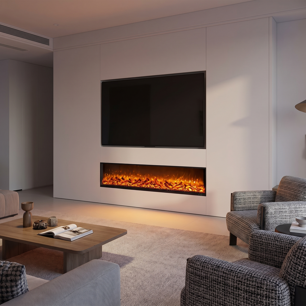 750W Freestanding Linear Electric Fireplace with Adjustable Flame Brightness, Crystal & Log Bed, Modern Black Frame — product view 6