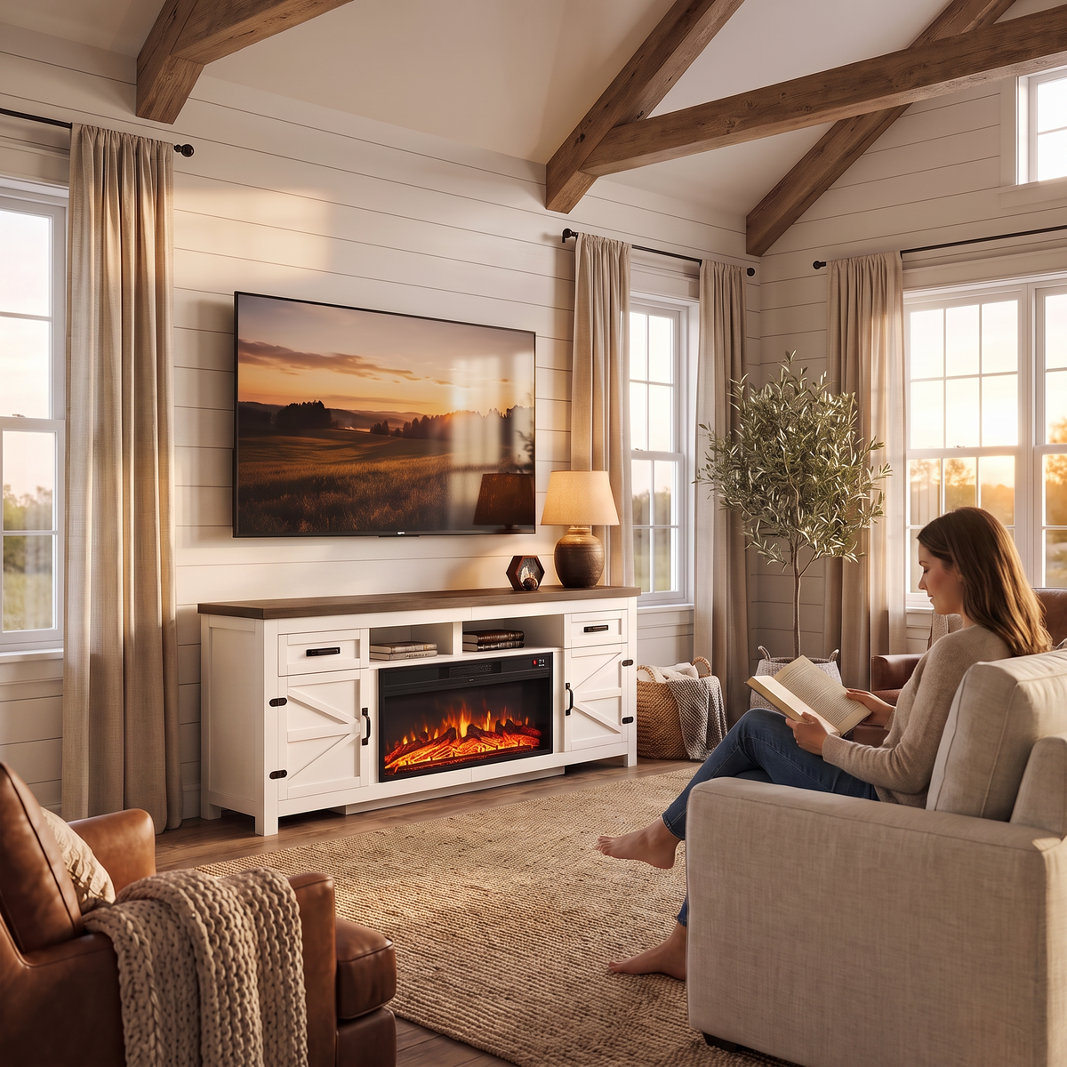 80 Inch Farmhouse Fireplace TV Stand with Barn Doors for TVs up to 90 Inch, Electric Fireplace Entertainment Center with Storage Cabinets, White — product view 6