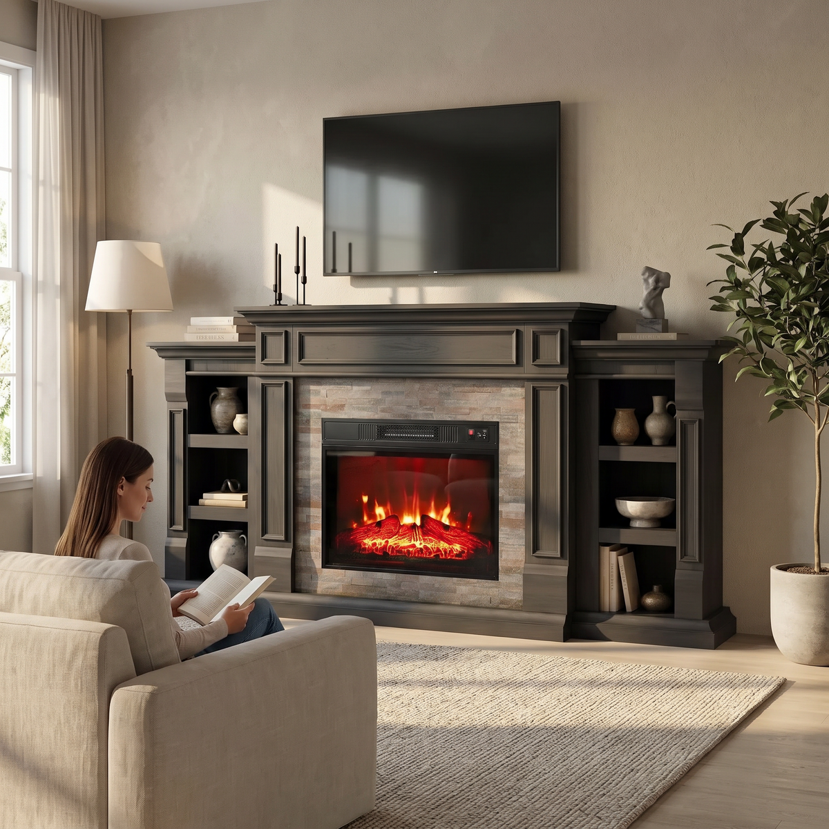 72 Inch Electric Fireplace TV Stand with Mantel for TVs up to 80 Inch, Modern Black Entertainment Center — product view 5