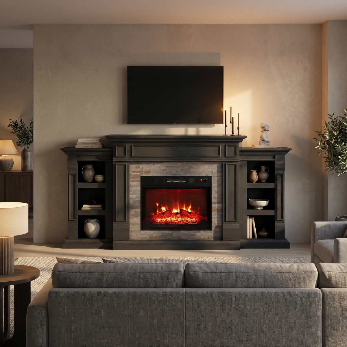 72 Inch Electric Fireplace TV Stand with Mantel for TVs up to 80 Inch, Modern Black Entertainment Center — product view 6