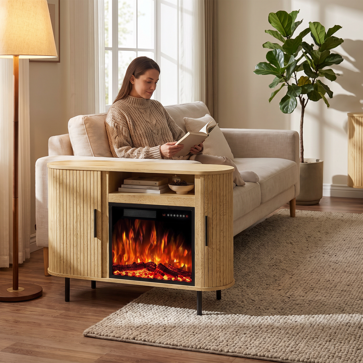65" Fluted Fireplace TV Stand for TVs Up to 75 inches, Modern Entertainment Center with 23" Electric Fireplace, Wooden — product view 5