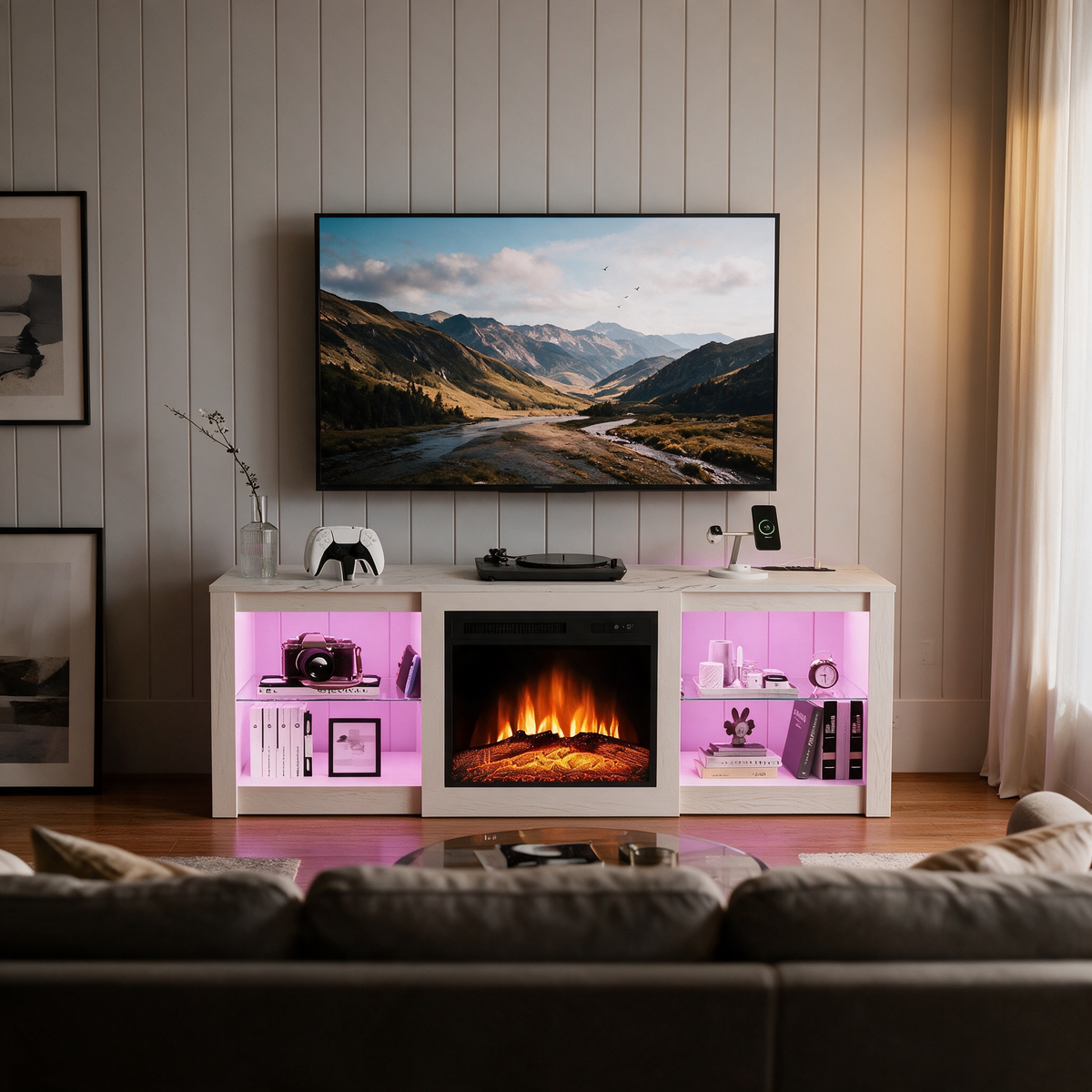 Electric Fireplace TV Stand for TVs up to 65 Inch, 18" Firebox, Modern Media Console Entertainment Center, Adjustable LED Flame for Living Rooms — product view 6