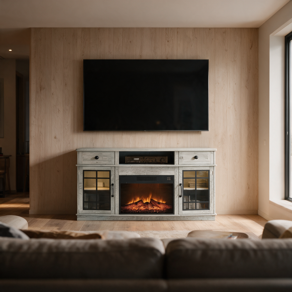 Electric Fireplace TV Stand for TVs up to 65 Inch, Curved Front, Modern Media Console Entertainment Center, Adjustable LED Flame for Living Rooms — product view 6
