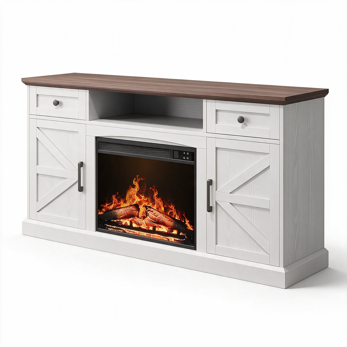 Farmhouse Fireplace TV Stand for TVs up to 70 Inch, Entertainment Center with 23 Inch Electric Fireplace, Drawers & Storage, Antique White — product view 1