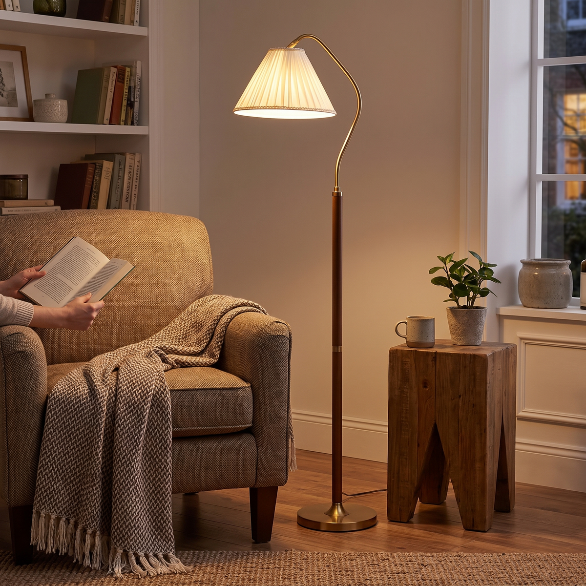 Pleatlume Vintage White Pleated Shade Wooden LED Floor Lamp — product view 1