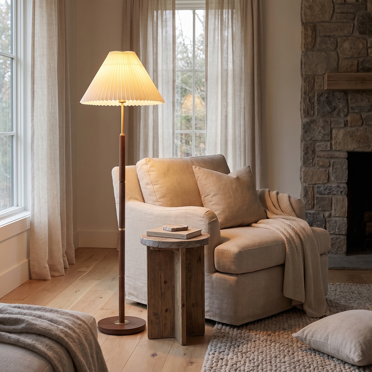 Pleatvale Vintage Walnut Metal Floor Lamp with Pleated Shade — product view 1