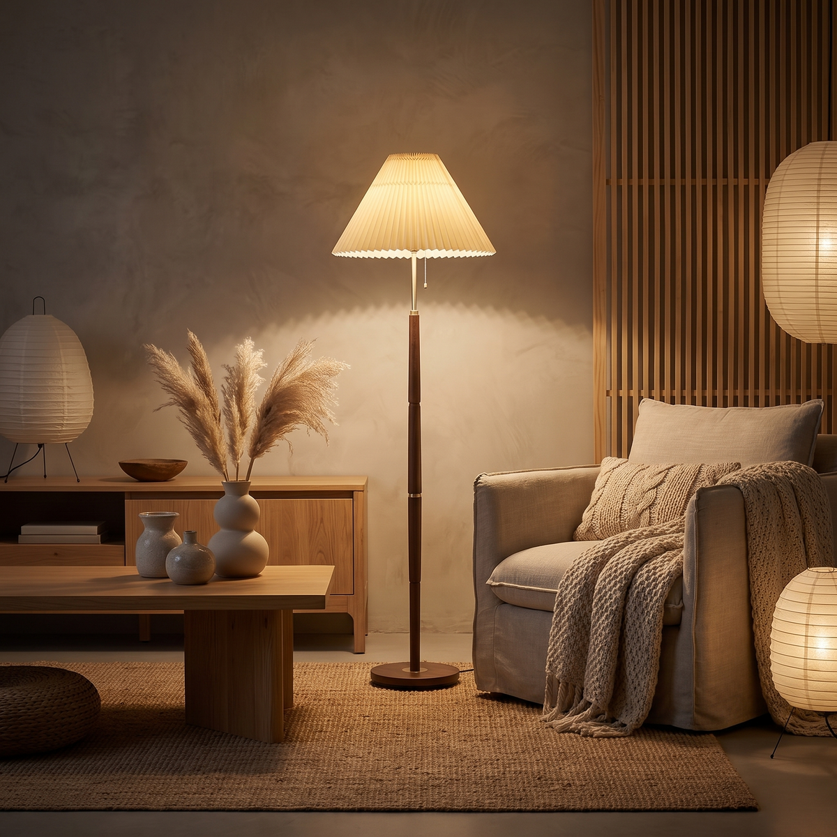 Pleatvale Vintage Walnut Metal Floor Lamp with Pleated Shade — product view 4