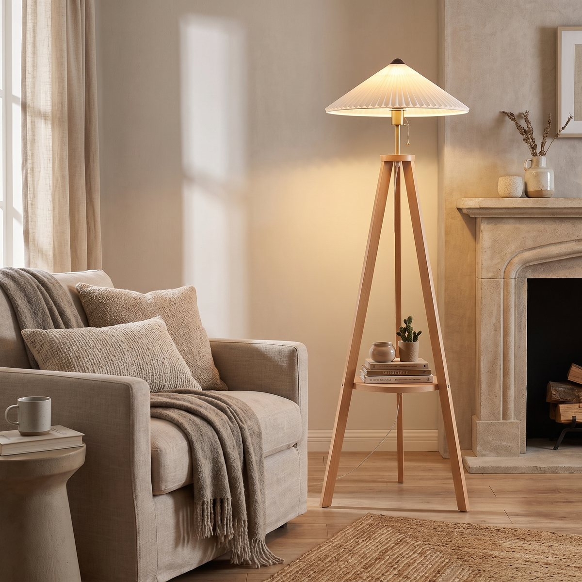 Pleatpod Pleated Cone Wooden Tripod Floor Lamp with Shelf — product view 1