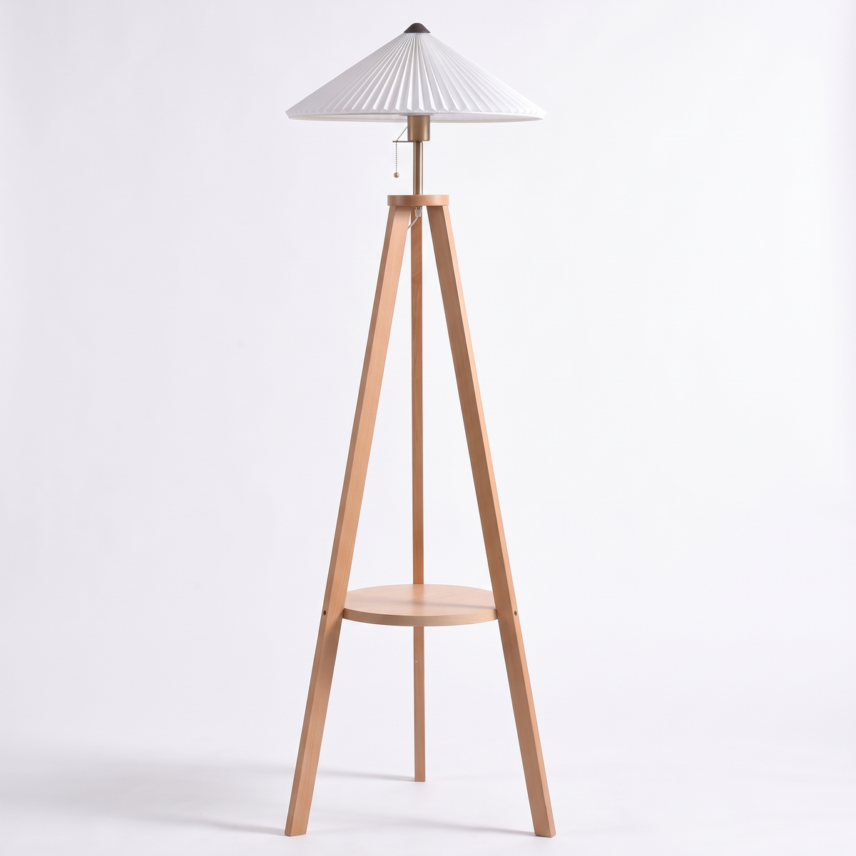 Pleatpod Pleated Cone Wooden Tripod Floor Lamp with Shelf — product view 2