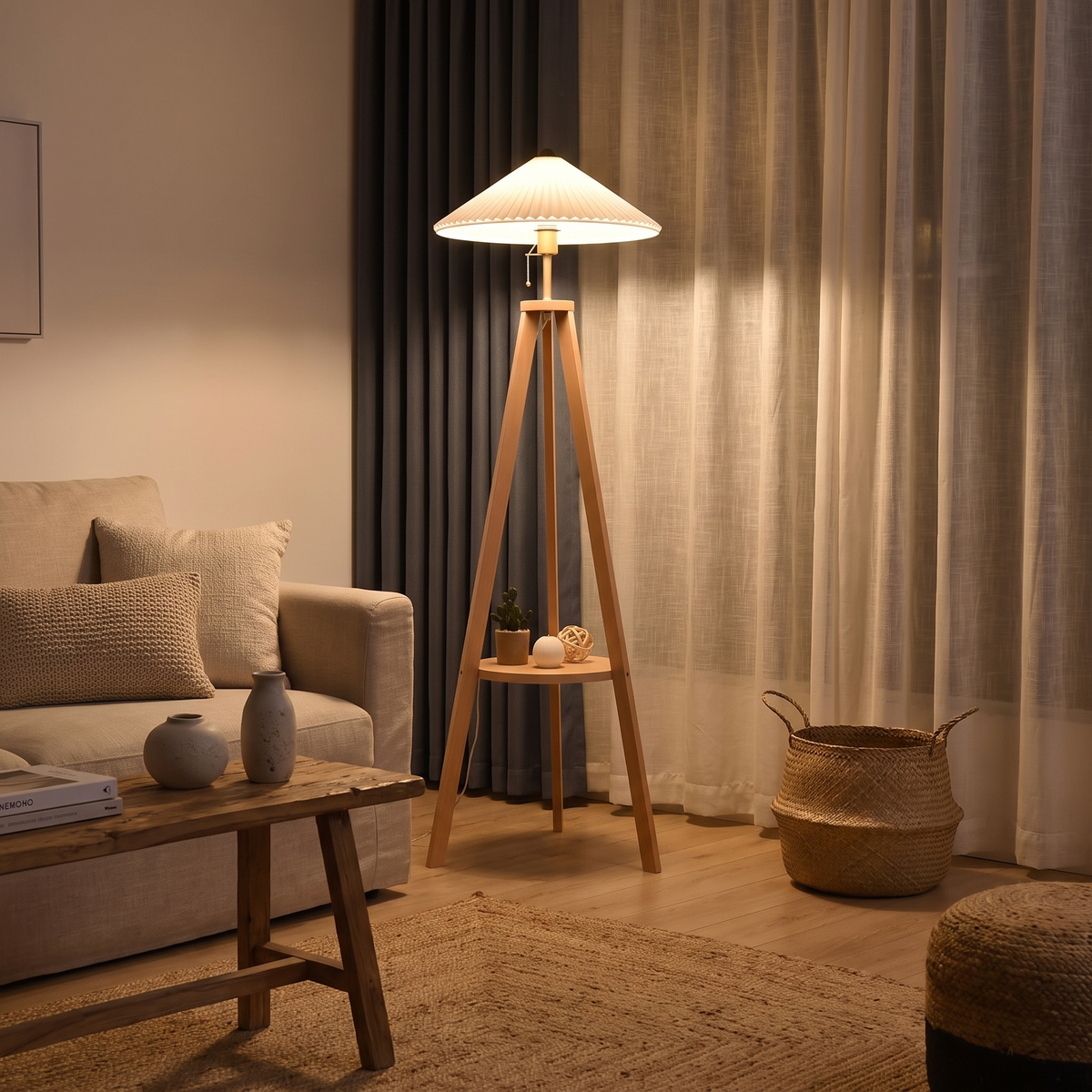 Pleatpod Pleated Cone Wooden Tripod Floor Lamp with Shelf — product view 3
