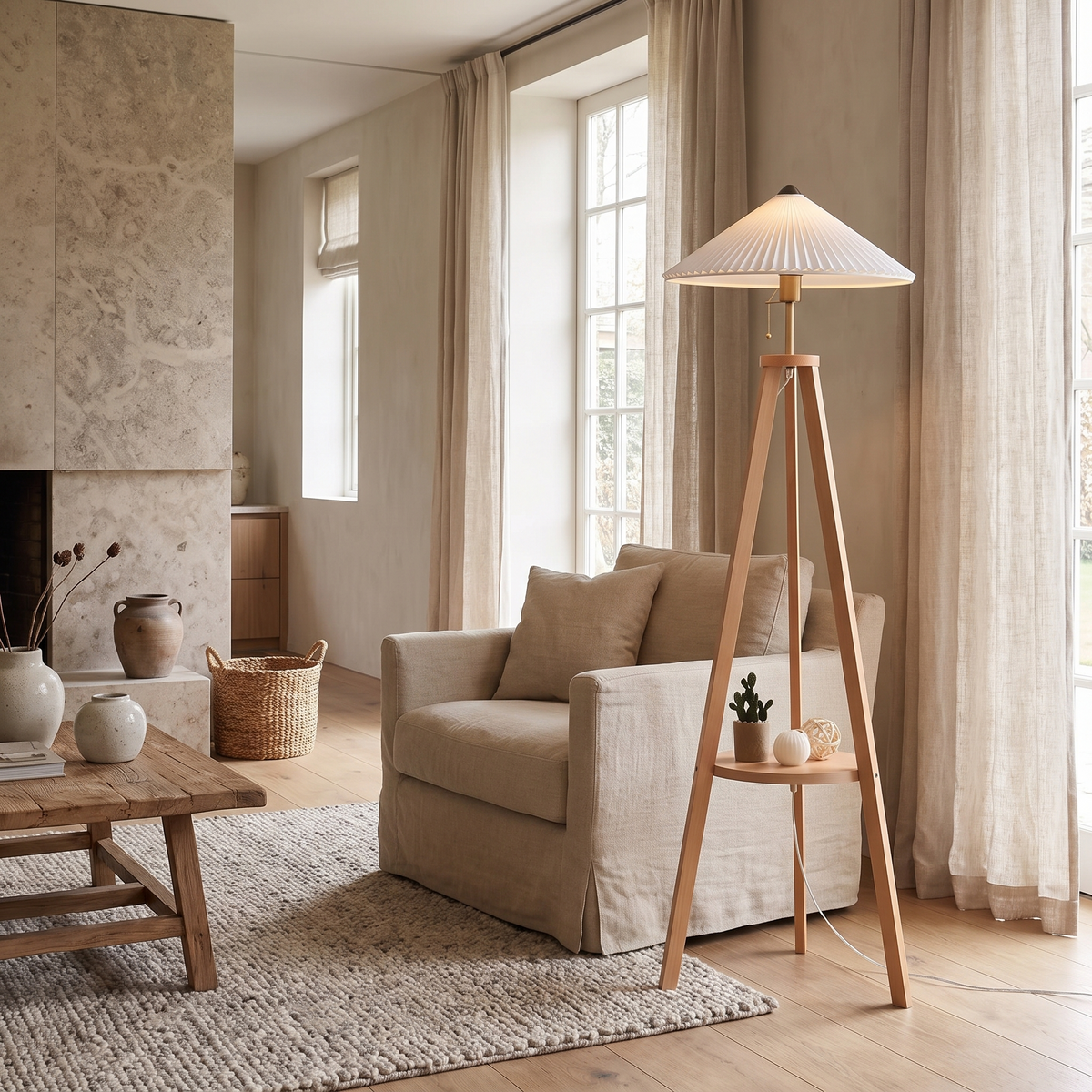 Pleatpod Pleated Cone Wooden Tripod Floor Lamp with Shelf — product view 4