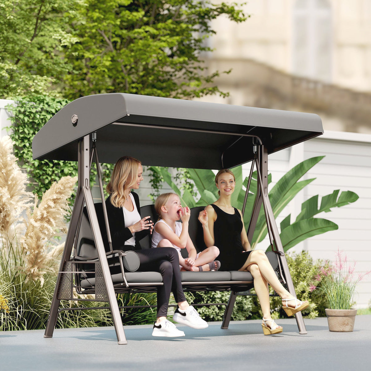 3 Seater Canopy Swing Chair with Cushions & Cup Trays, Dark Grey — product view 4