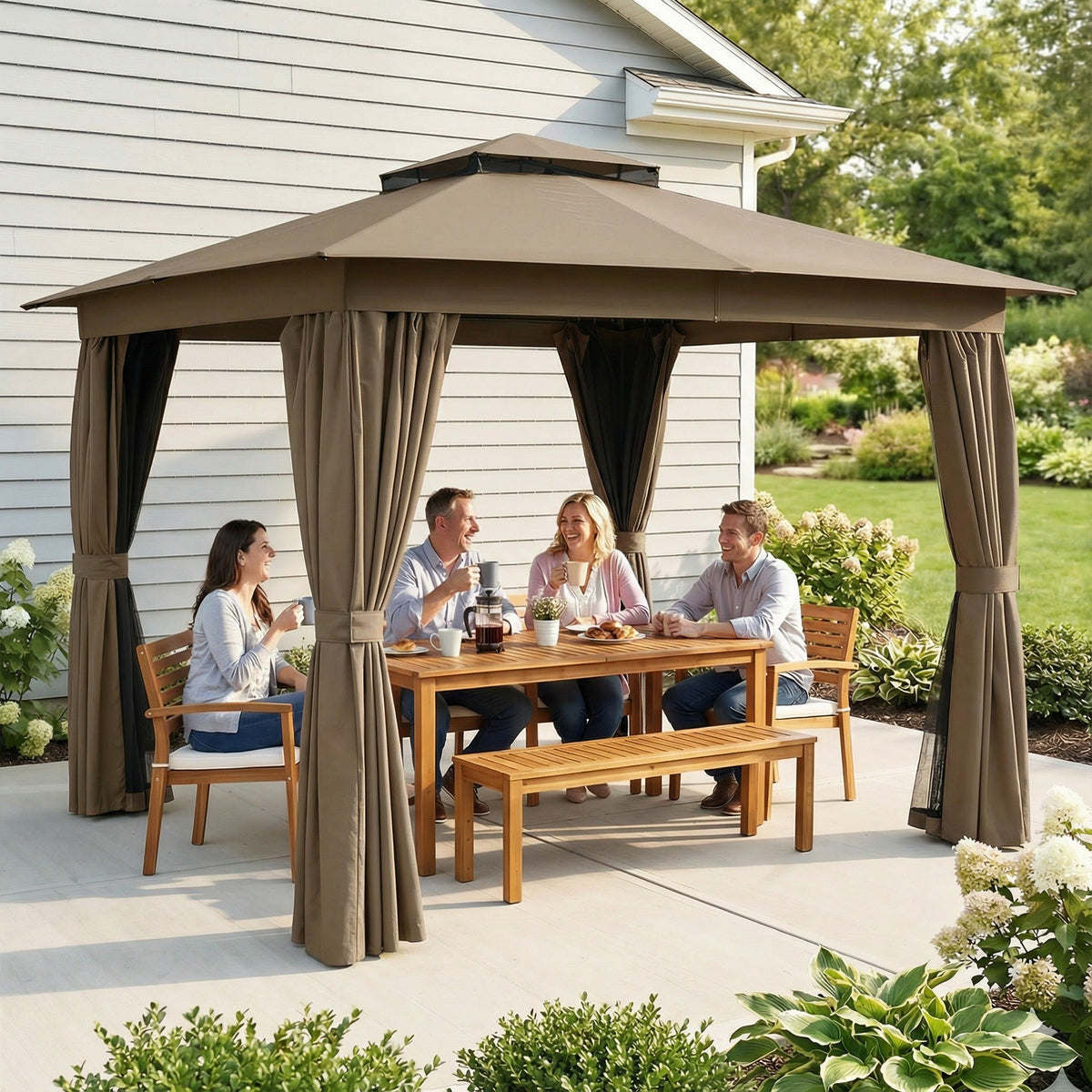 10' x 10' Soft Top Gazebo Canopy Shelter with Double Roof, UPF30+ Protection for Lawn, Backyard, Deck, Khaki — product view 4