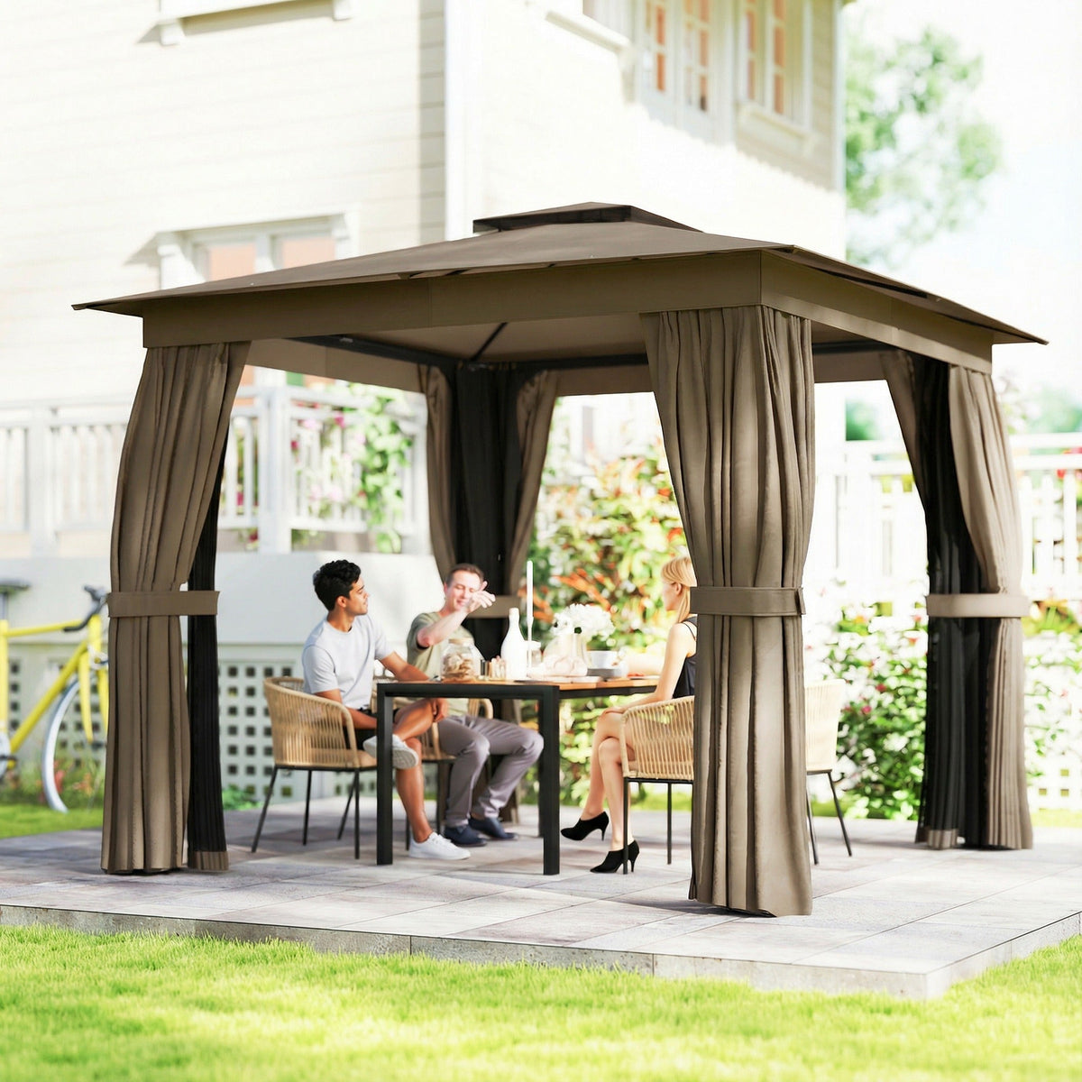 10' x 10' Soft Top Gazebo Canopy Shelter with Double Roof, UPF30+ Protection for Lawn, Backyard, Deck, Khaki — product view 3