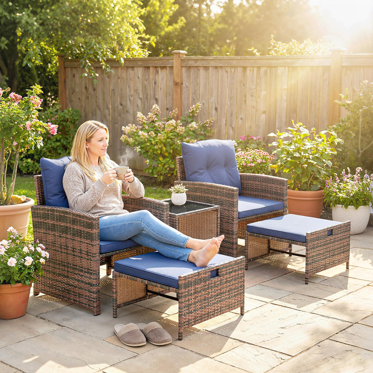 5-Piece Patio Set with Ottomans and 2-Tier Glass Table, Brown and Dark Blue — product view 4