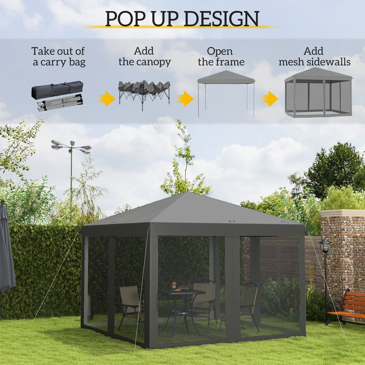 3 x 3m Pop Up Gazebo with Removable Mesh Netting & Carry Bag, Light Grey — product view 6