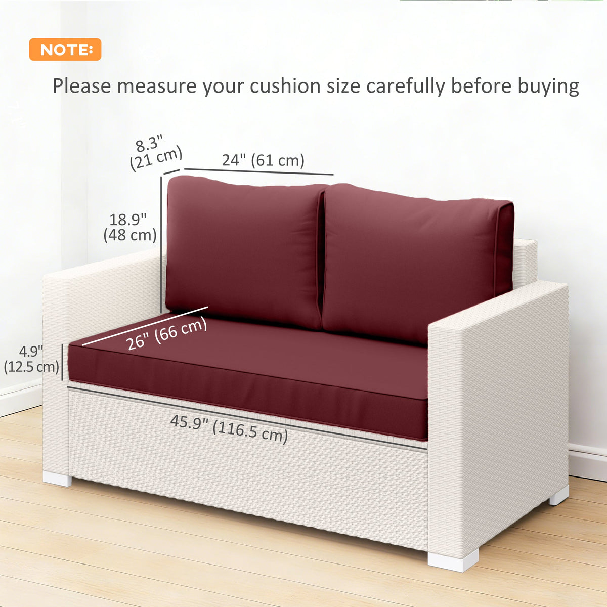 2 Seater Outdoor Seat Cushions with Backrest, Wine Red — product view 5