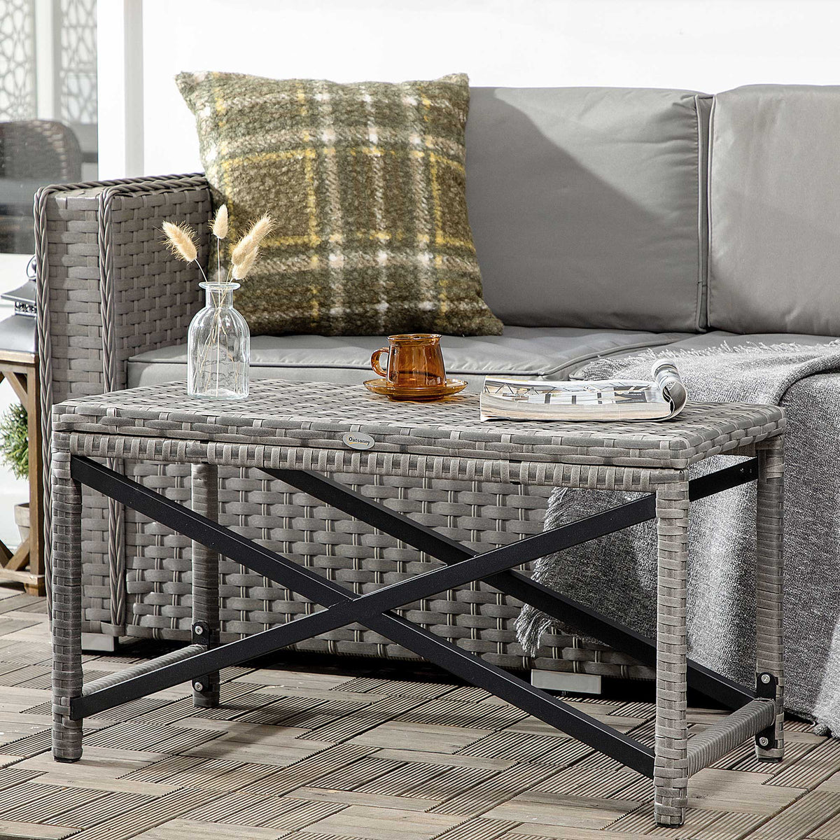 Patio Wicker End Table with Full Woven Top, Mixed Grey — product view 4