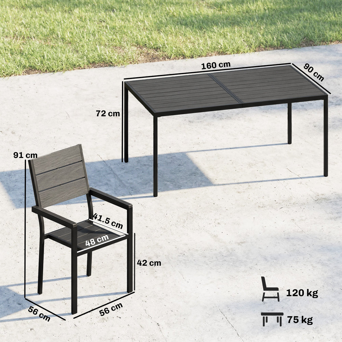 7-Piece Outdoor Dining Set with Slatted Tabletop and Metal Frame for 6, Black — product view 5