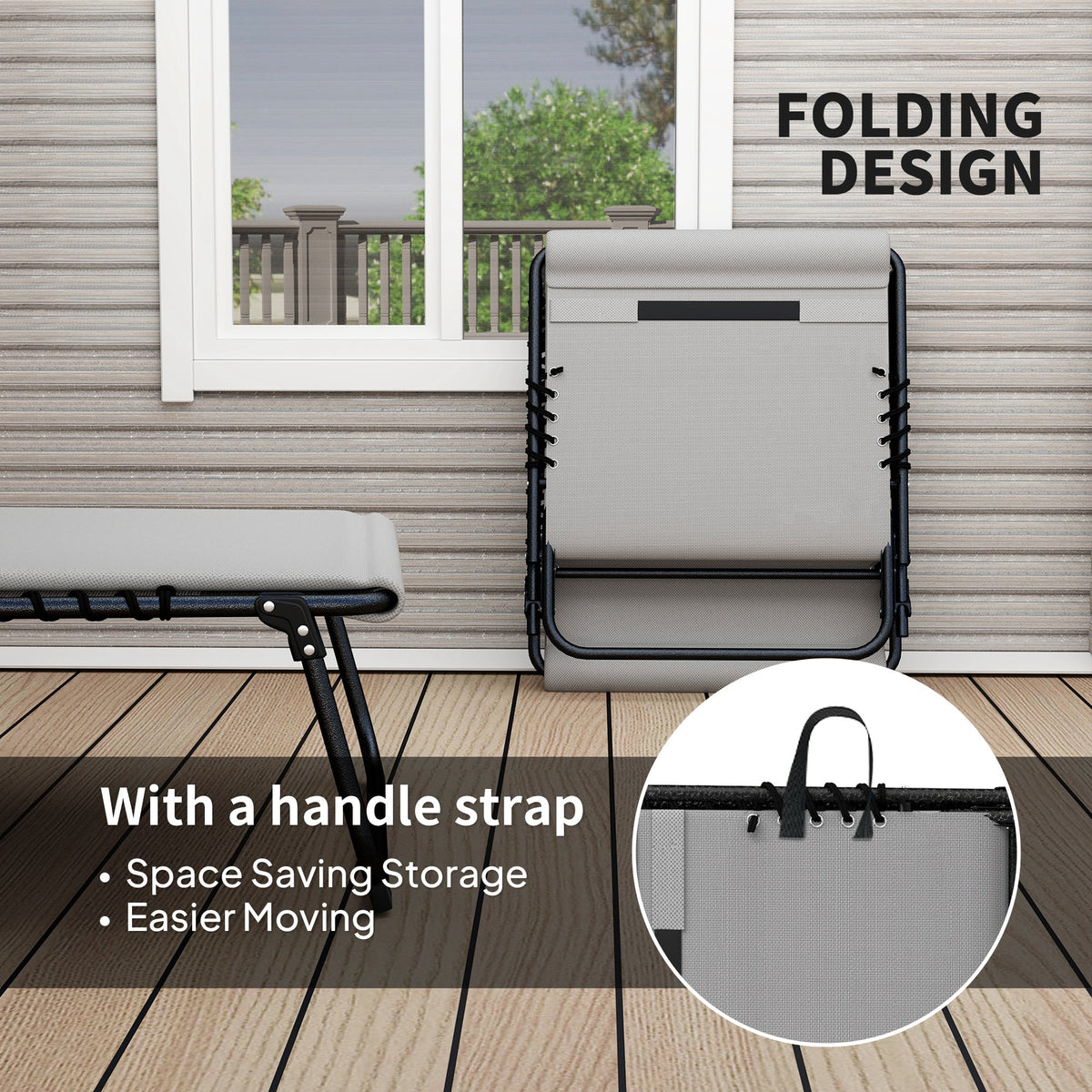 Set of 2 Folding Sun Loungers with Headrest & Side Pocket, Light Grey — product view 7
