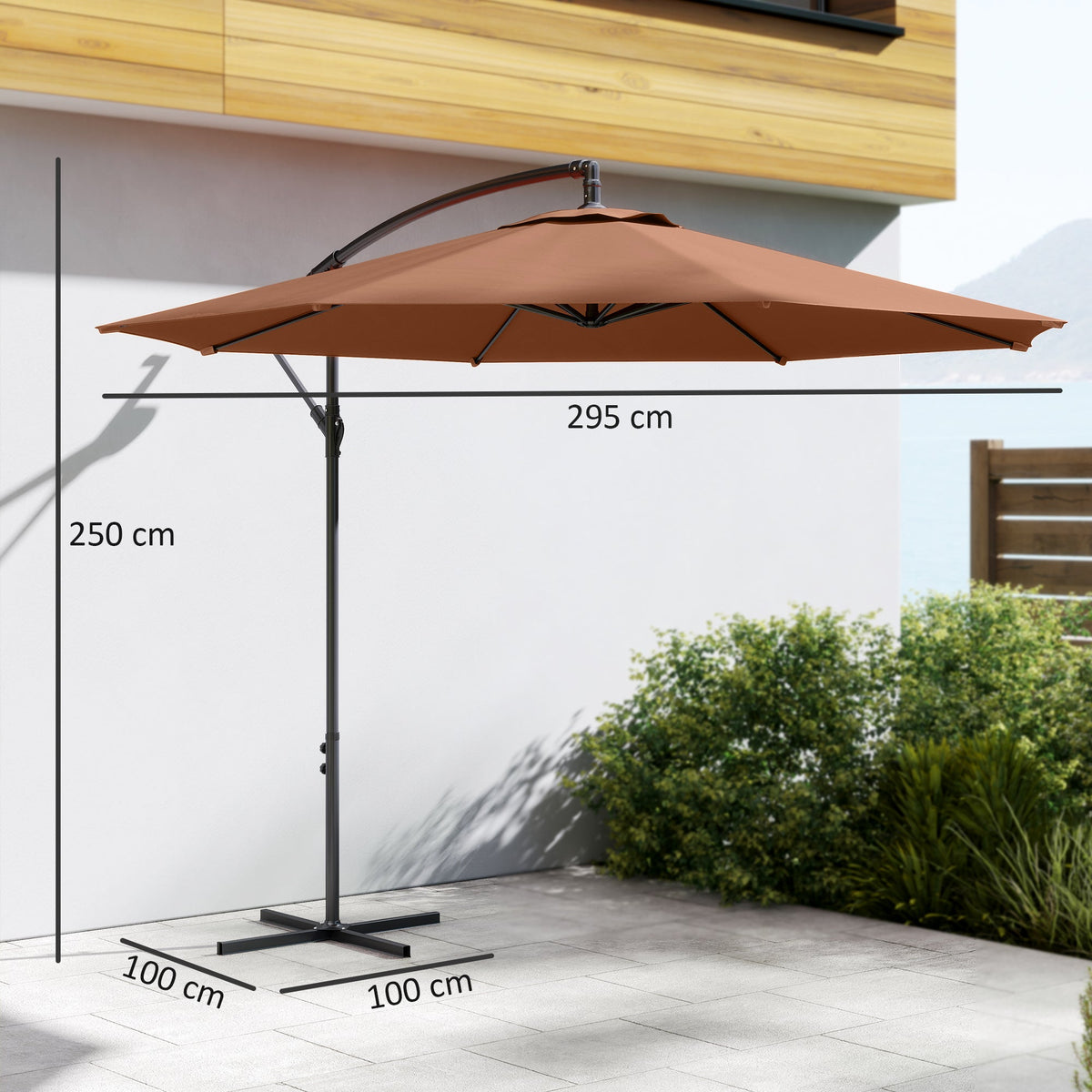 3 m Banana Parasol with Crank Handle, 8 Ribs & Cross Base, Coffee — product view 5