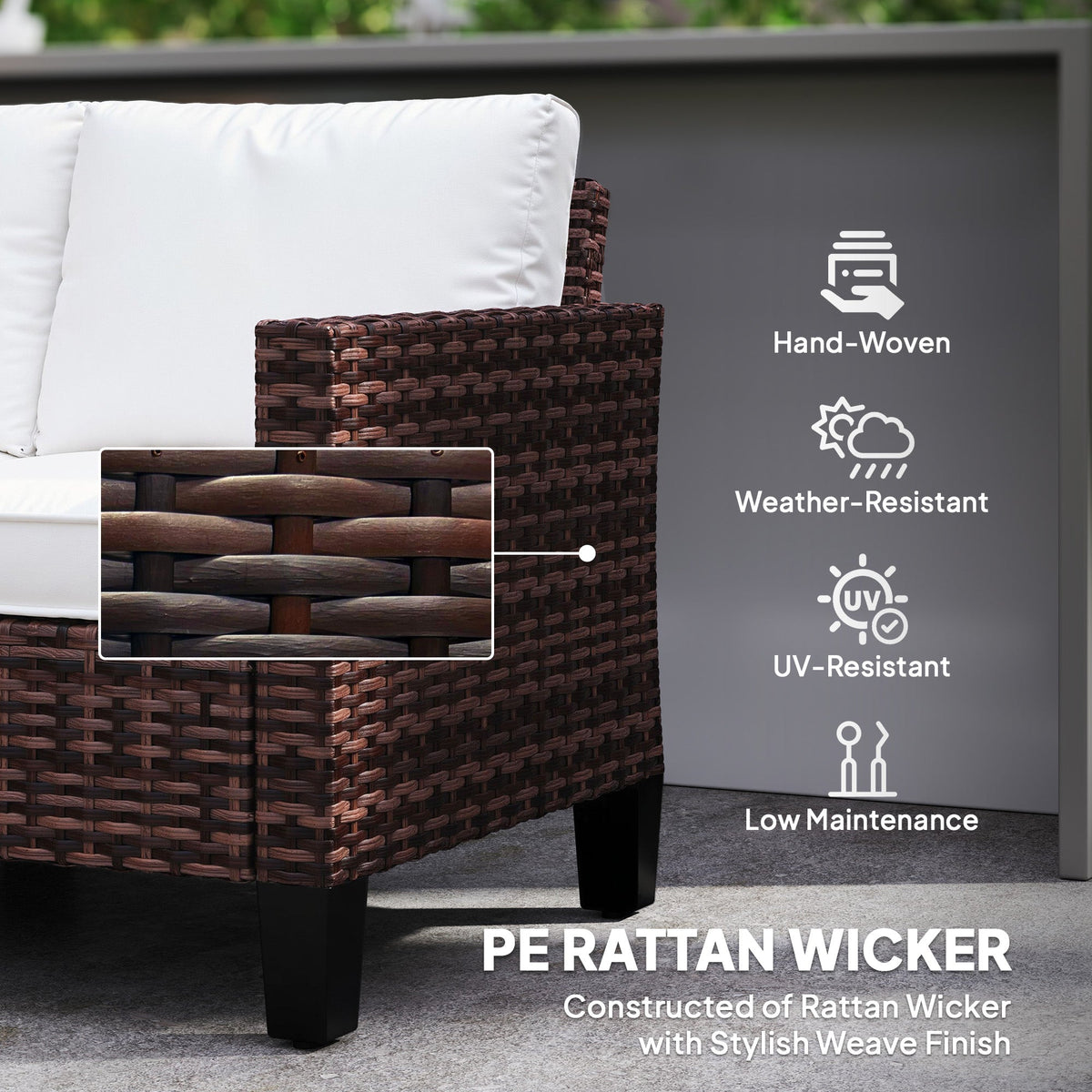 2 Seater Rattan Garden Sofa with Cushions & Armrests, Brown — product view 7