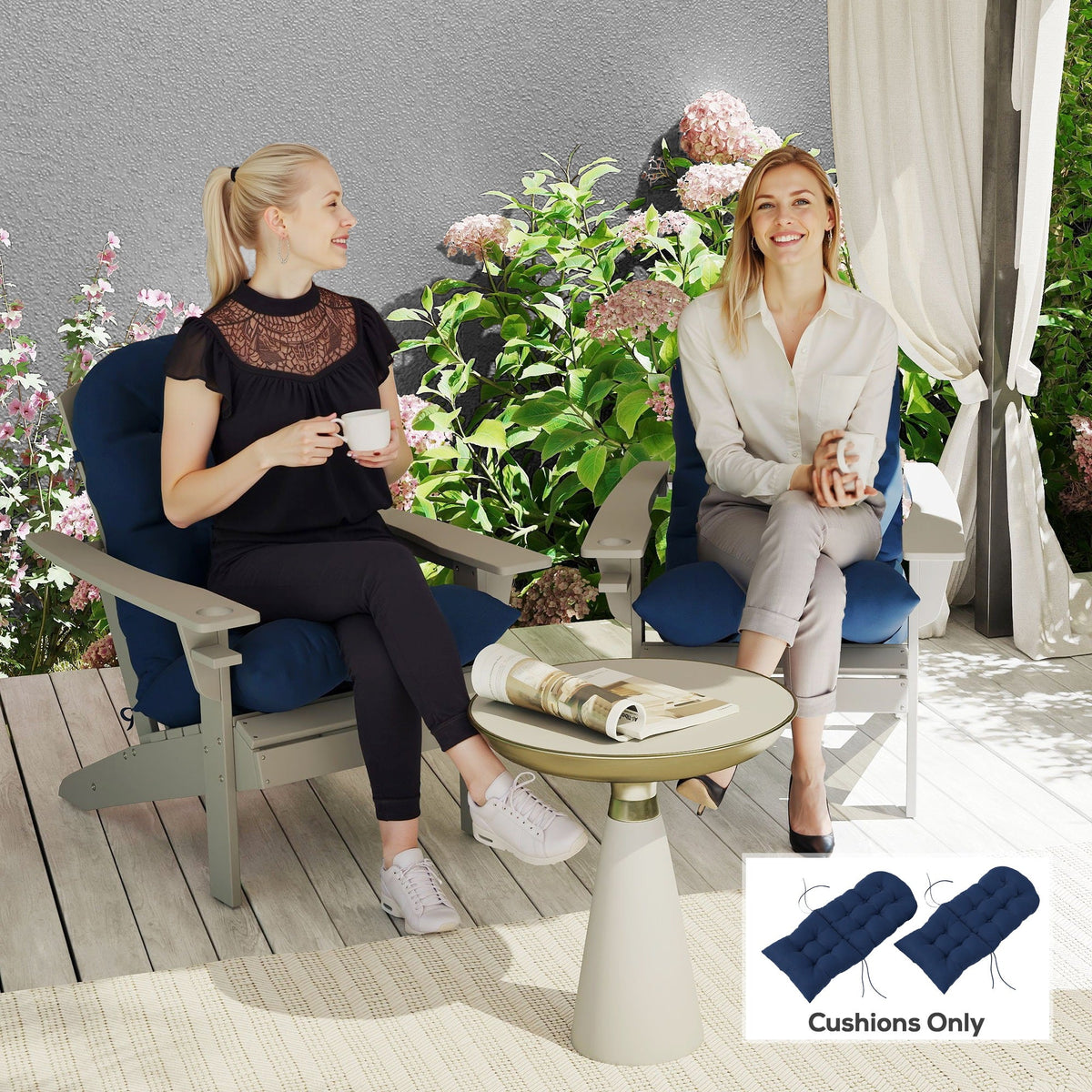 Tufted High-Back Adirondack Cushions Set of 2, Navy, with Ties & Non-Slip — product view 3