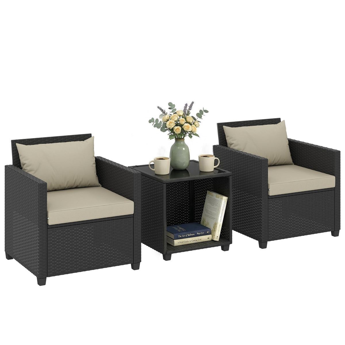 3 Piece Patio Bistro Set with Glass Table and Cushioned Chairs, Beige — product view 1