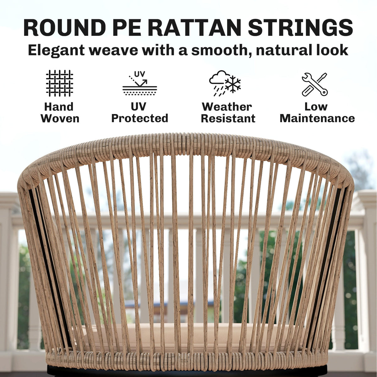 Set of 2 Rattan Dining Chairs with Cushions, Metal Frame, String Back & Armrests — product view 6