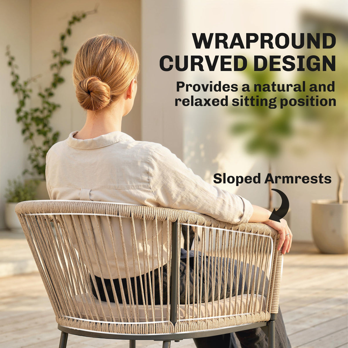 Set of 2 Rattan Dining Chairs with Cushions, Metal Frame, String Back & Armrests — product view 7