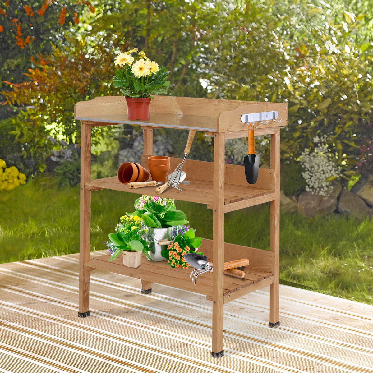 Wooden Potting Bench with Metal Top, Shelf and Hooks, Natural — product view 3