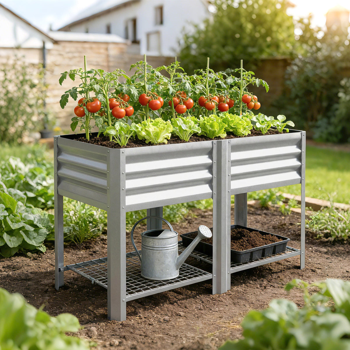 Galvanized Steel Raised Garden Bed with Legs and Storage Shelf, Silver — product view 4