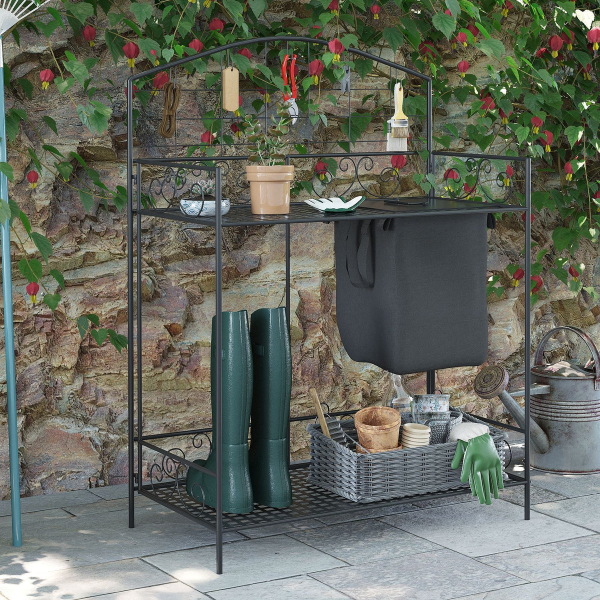 Folding Potting Bench Table with Storage Shelf, Flourishes — product view 4