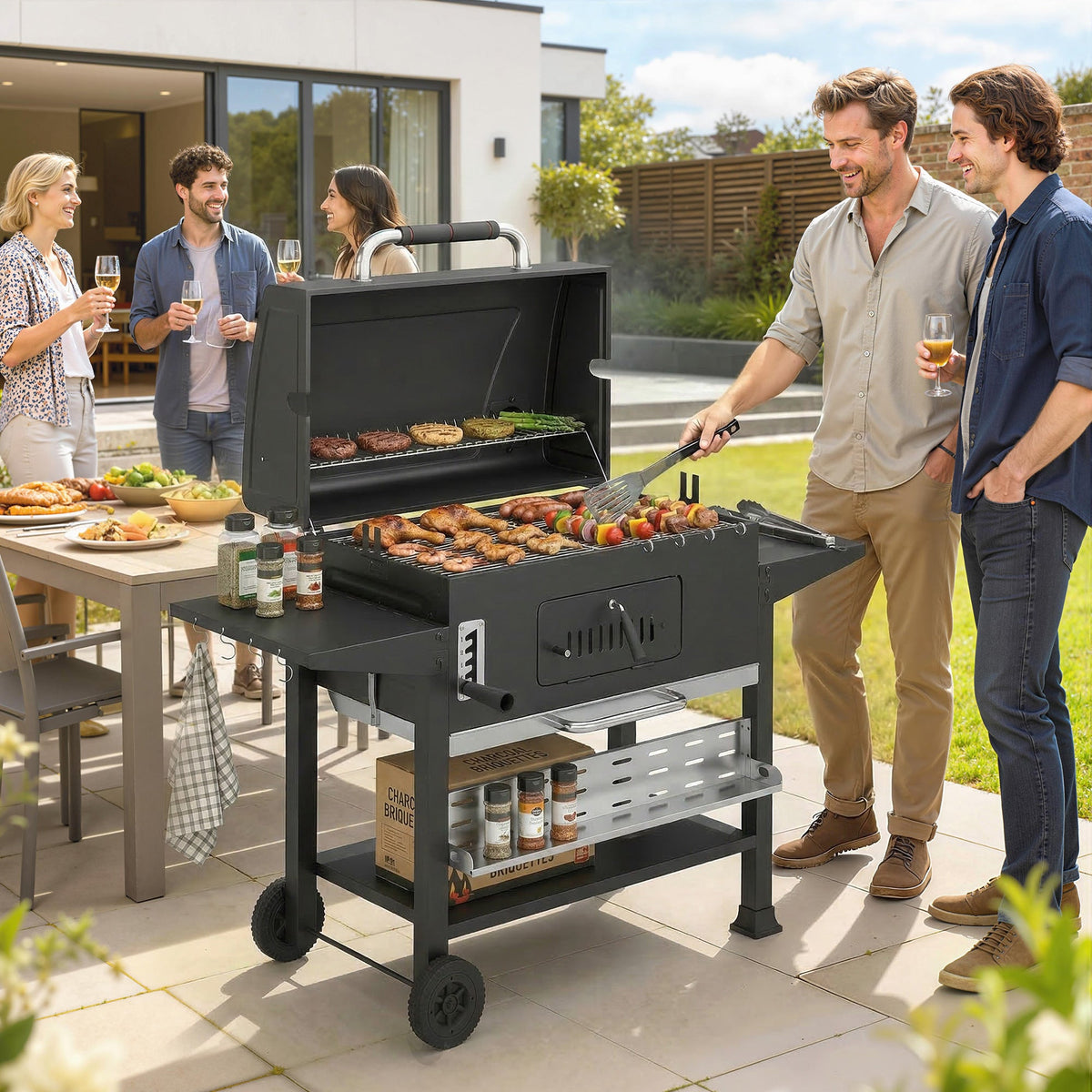 Charcoal BBQ Grill Smoker with Rotisserie Kit and Side Tables, Black — product view 4