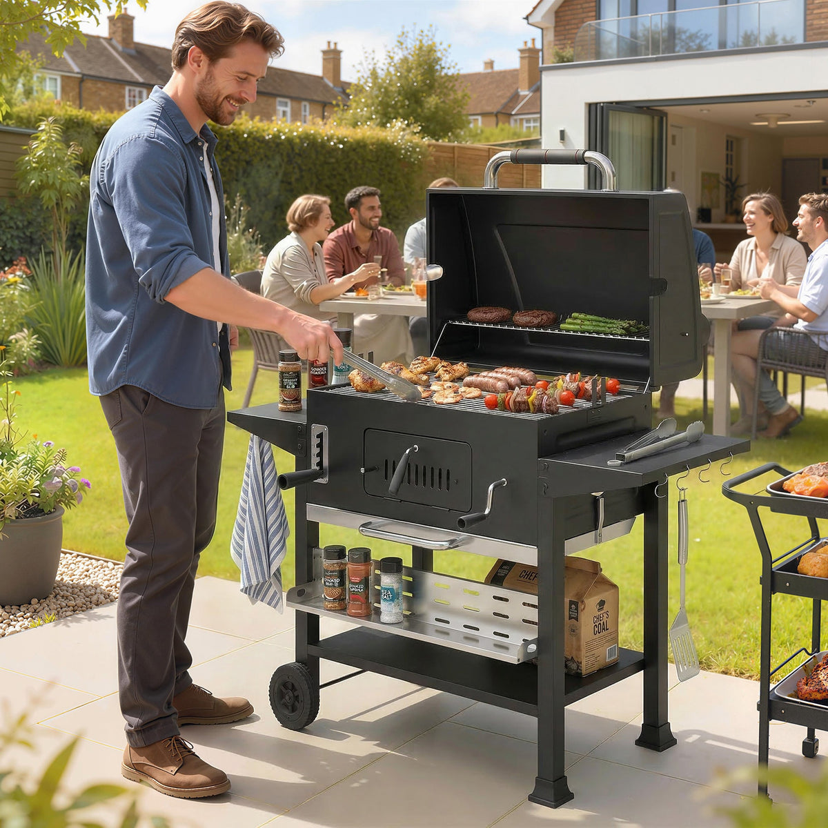 Charcoal BBQ Grill Smoker with Rotisserie Kit and Side Tables, Black — product view 3