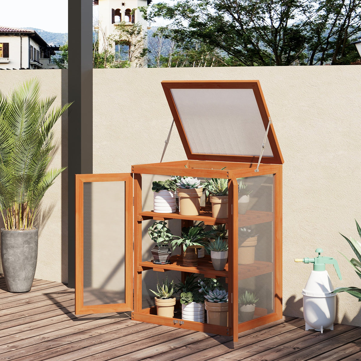 Wooden 2 Tier Cold Frame Greenhouse with Polycarbonate Panels, Orange — product view 3