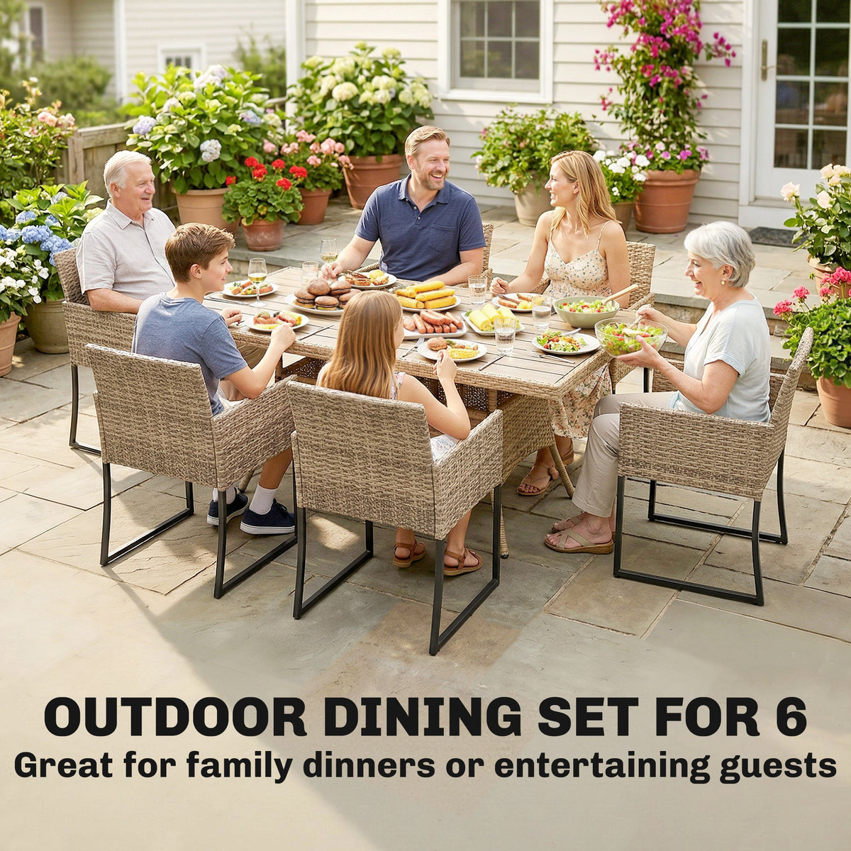 7-Piece Dark Grey Rattan Dining Set with WPC Table, 6 Chairs & Cushions — product view 6