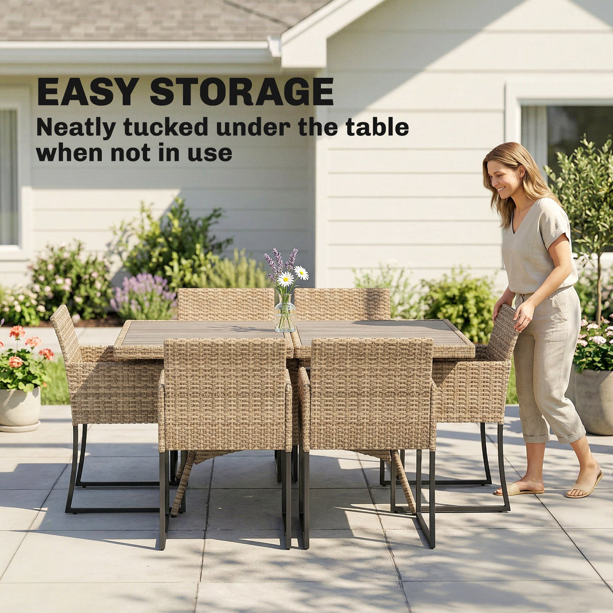 7-Piece Dark Grey Rattan Dining Set with WPC Table, 6 Chairs & Cushions — product view 7