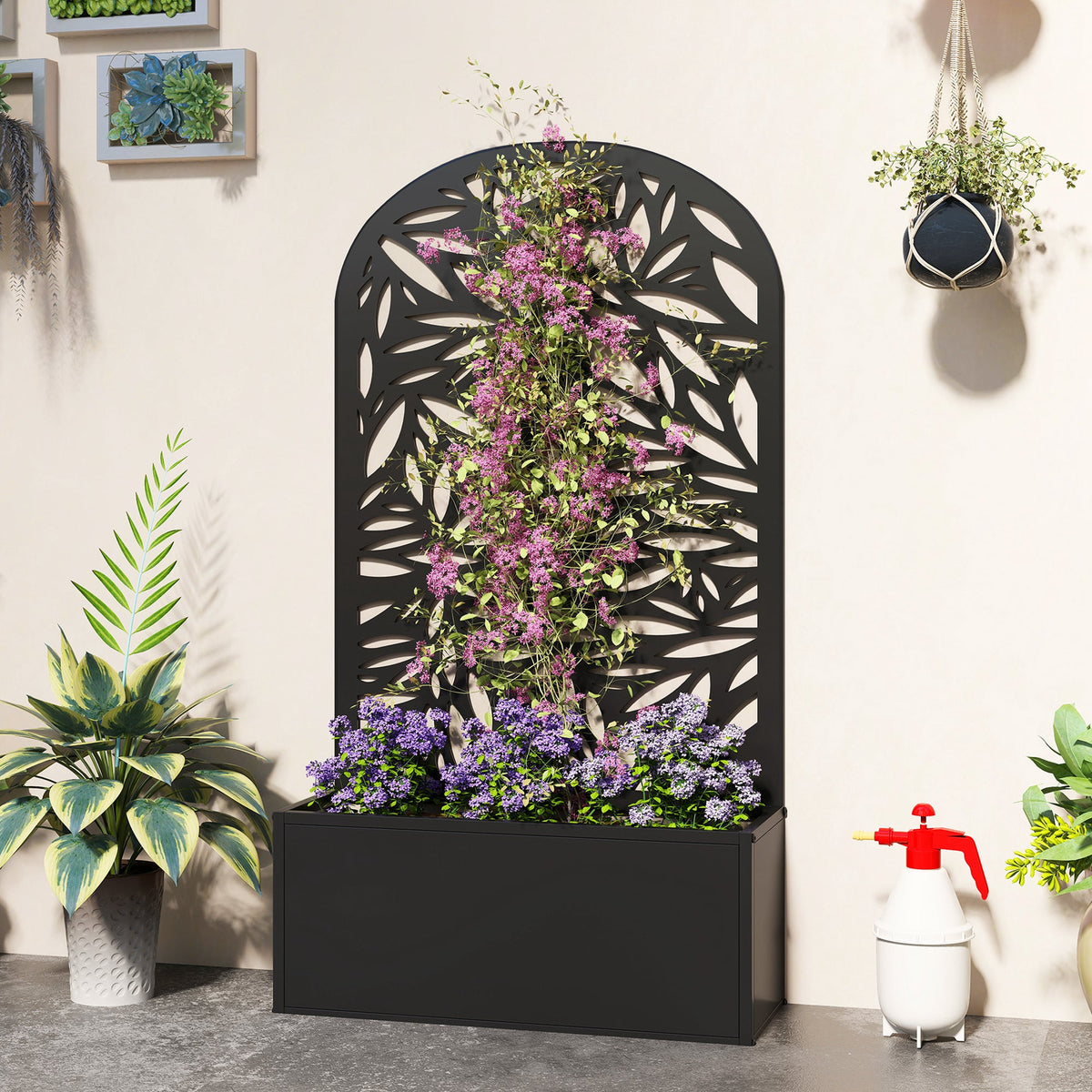 Metal Raised Garden Bed with Curved Trellis Panel, Leaves Cut-Out — product view 4