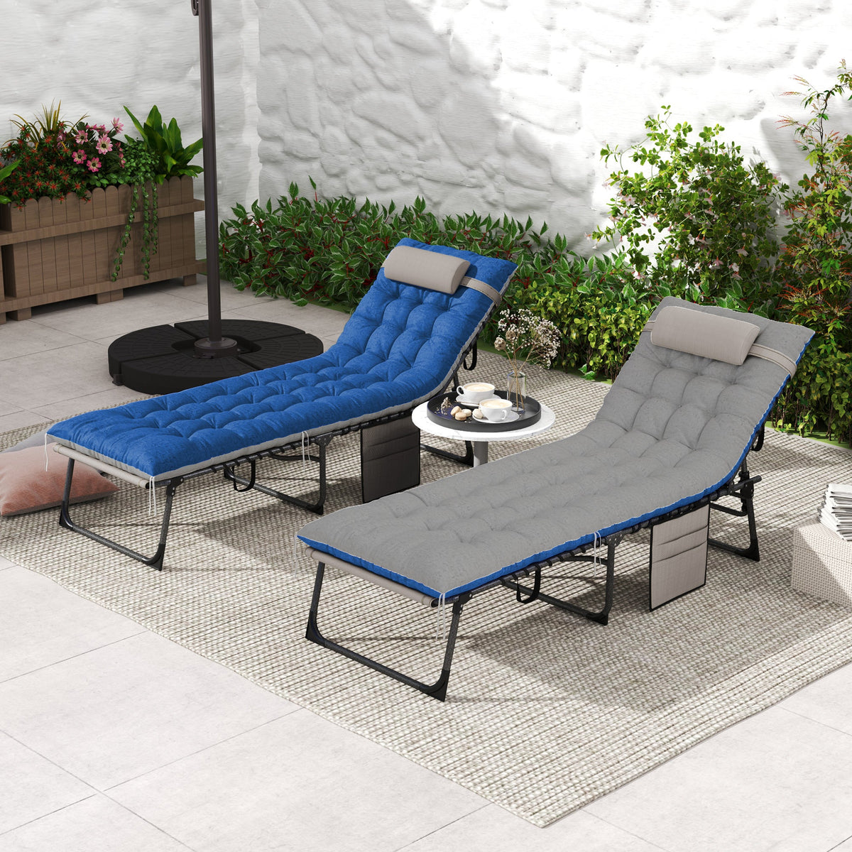 Set of 2 Folding Lounge Chairs with Cushion and Side Pocket, Brown/Blue — product view 4