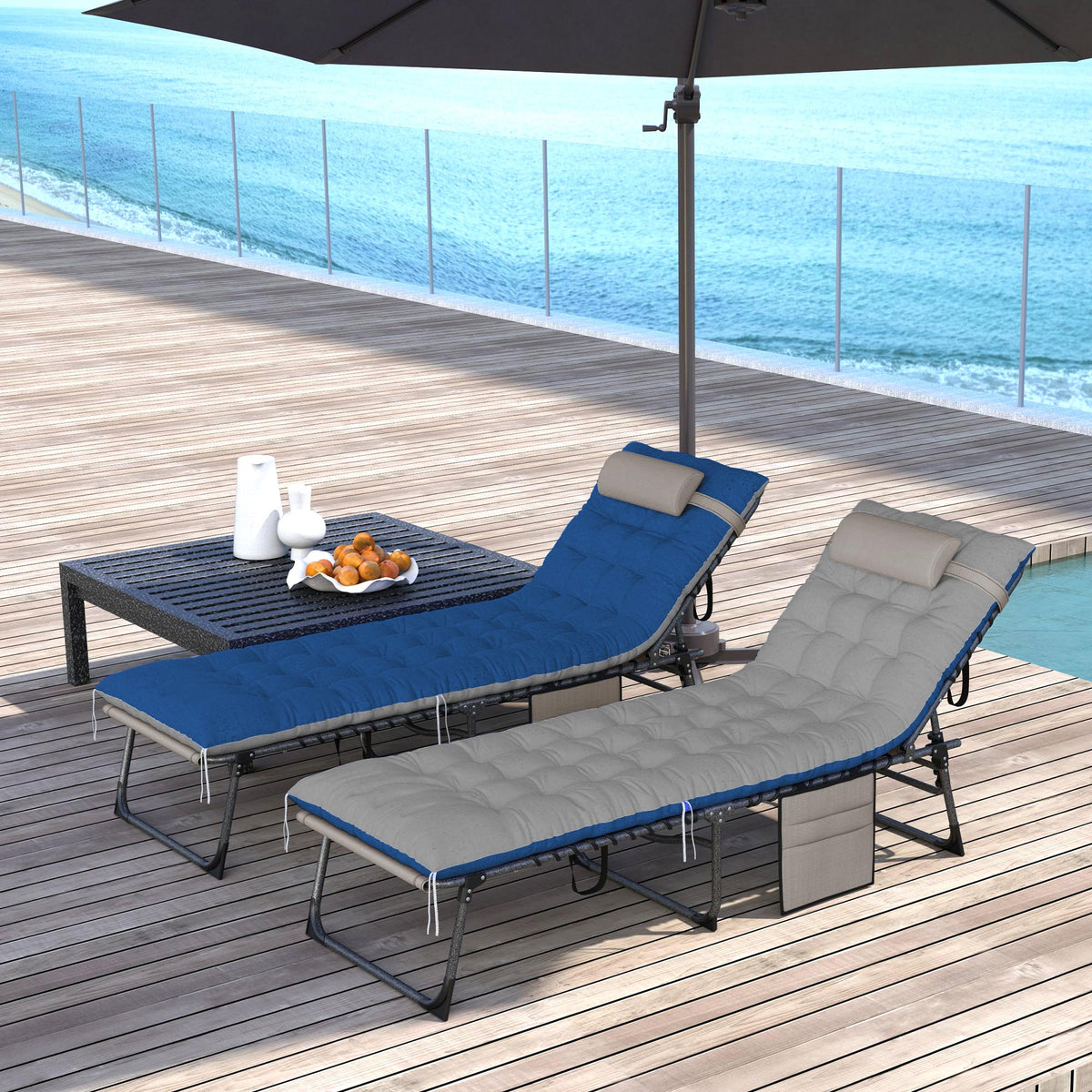 Set of 2 Folding Lounge Chairs with Cushion and Side Pocket, Brown/Blue — product view 3