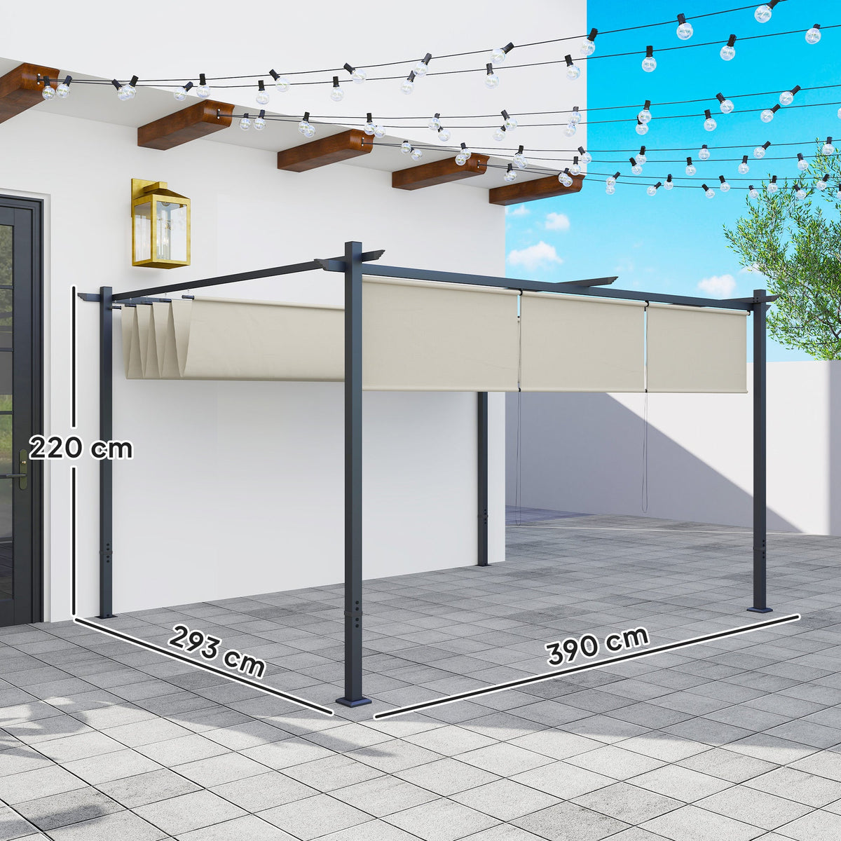 3 x 4m Metal Pergola with Retractable Roof & Roller Shade, Beige — product view 5
