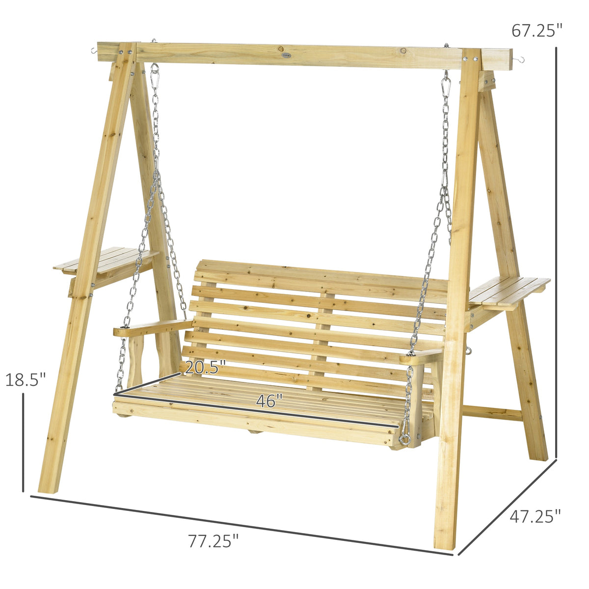 2-Seat Porch Swing with Stand and Side Tables, Natural Wood — product view 5