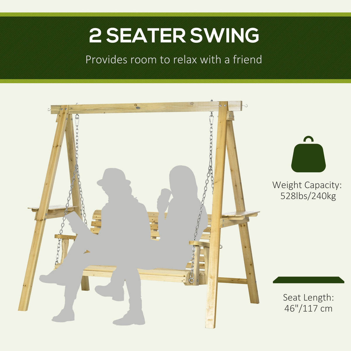 2-Seat Porch Swing with Stand and Side Tables, Natural Wood — product view 6